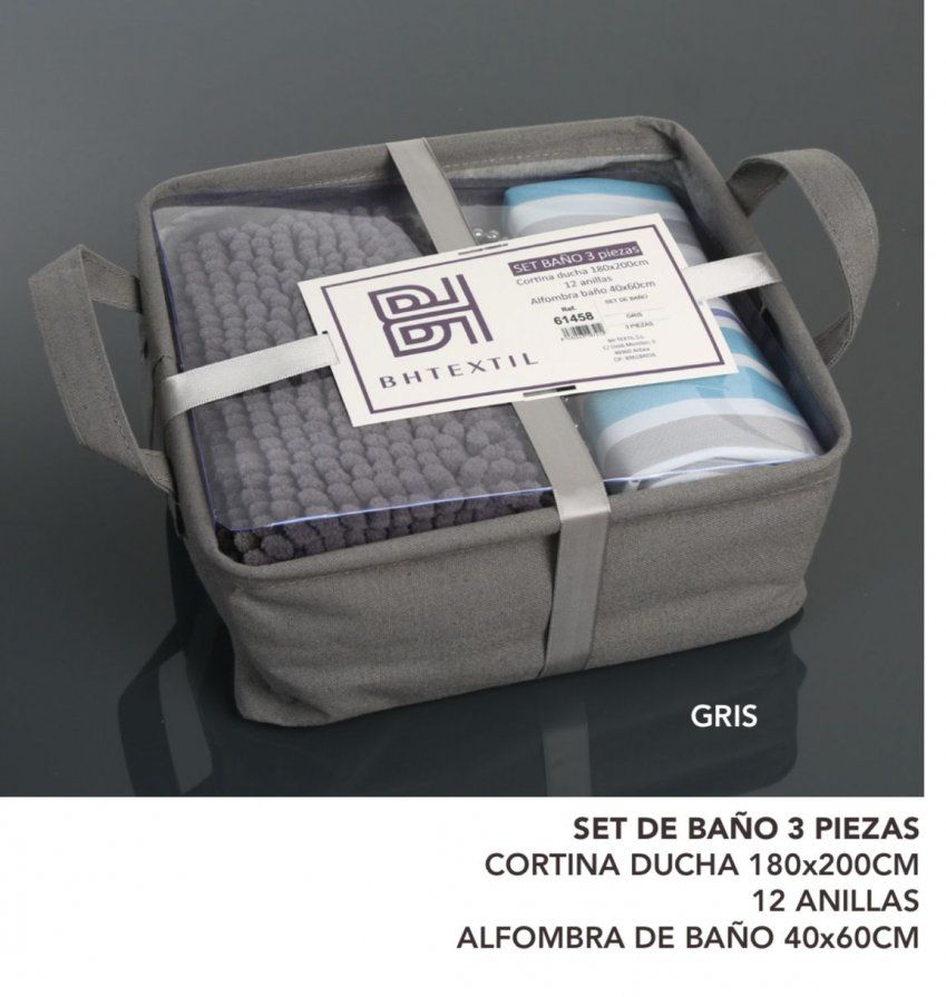 61458 SET 3 PIEZAS ALFOMBRA, CORTINA Y ANILLAS BH TEXTIL