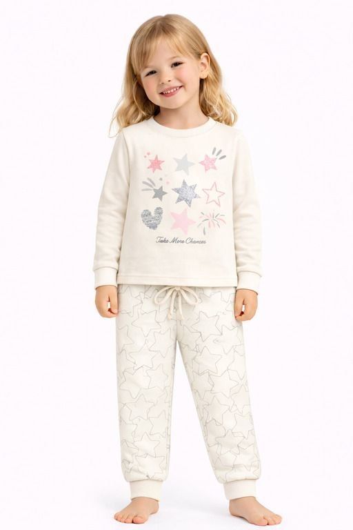 Pijama de niña Katuco color crudo con estrellas y corazones en la camiseta y pantalón largo estampado de estrellas.