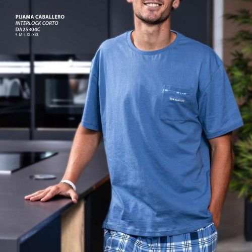 DA25304 Pijama de verano para caballero de algodon con pantalon de cuadros de la marca don algodón